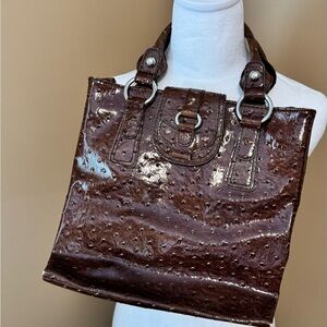 Brown Patent Ostrich-Texture Tote Guess Bag